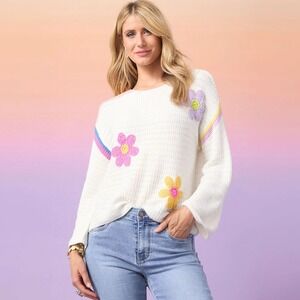 Coco + Carmen Women's White Colorful Floral Knit Bell Sleeve Sweater Size S/M
